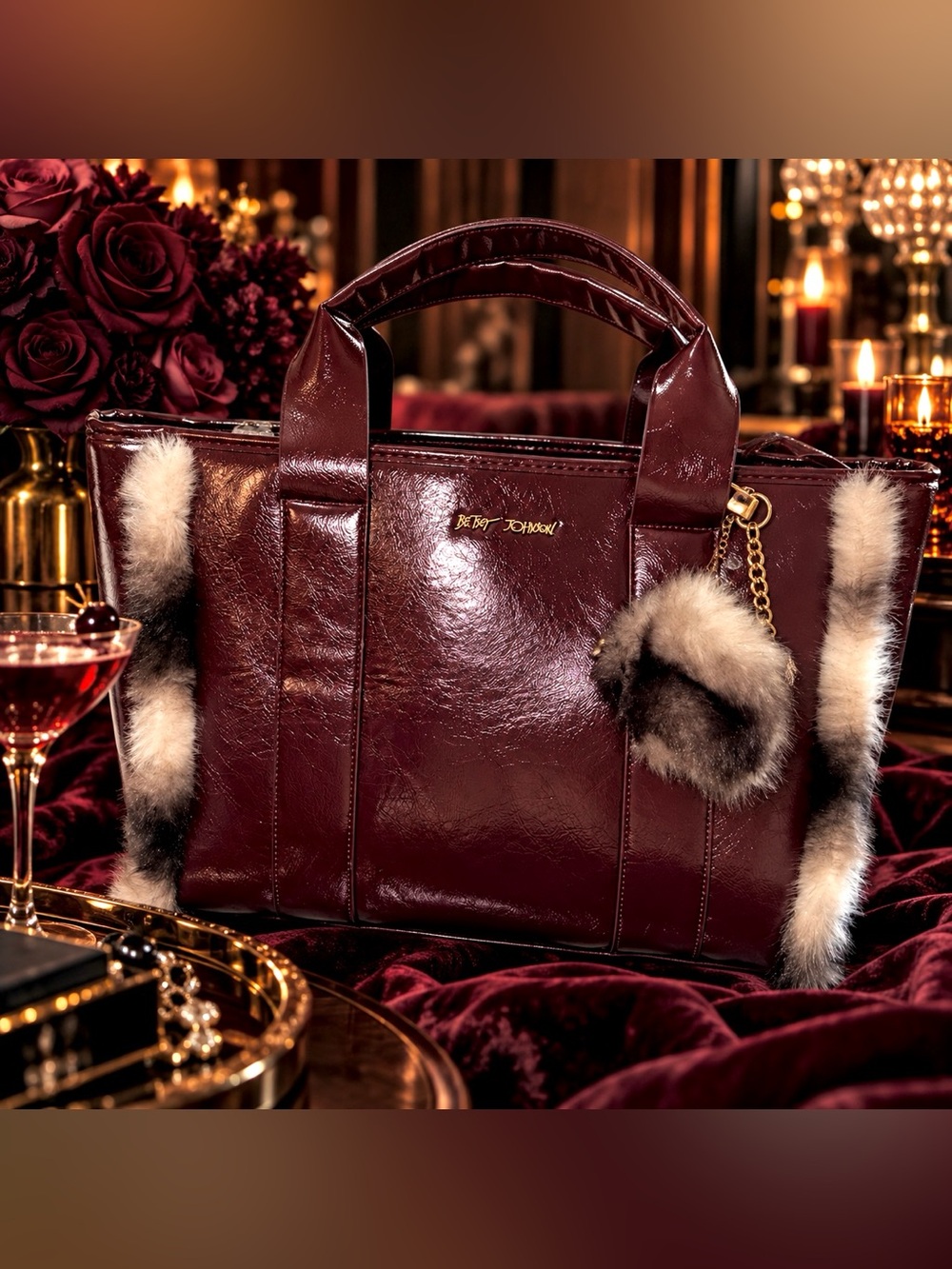 Betsey Johnson XOLUXE Wine Patent Tote with Faux Fur Trim and Kiss Lock